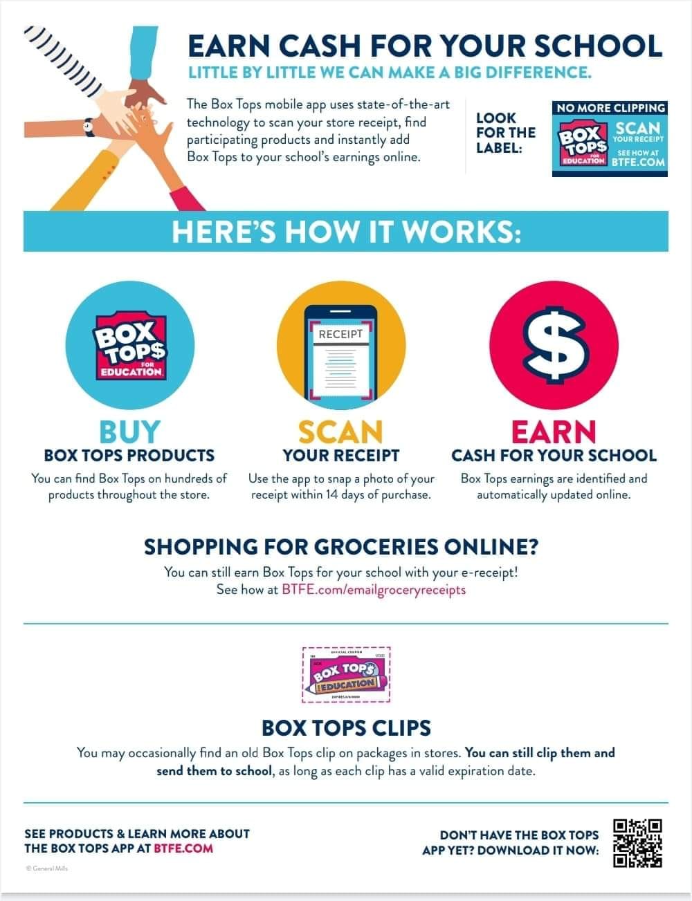 Scan the QR code to download the Box Tops App to help raise funds for our school.