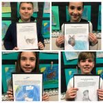 Four students with their artwork depicting an animal and a short paragraph about why someone should consider adopting them.