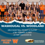 WHS Girls Team poses with coach in gym; Washougal vs Woodland 2-13-2023 at Fort Vancouver. With WSD and WHS logos