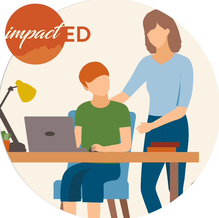 Standing parent helping student seated on laptop with orange impact ed circle logo above