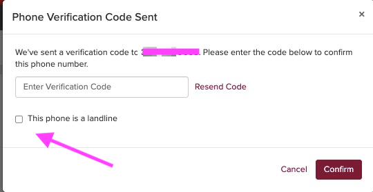 Screenshot of verification dialog with code sent, to the number provided, please enter the code, and a small checkbox to tell ParentSquare it is a landline, with OK and resend links. 