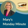 PIcture of Superintendent Templeton with district logo and words Mary' Monday Minute on blue background with green stripes