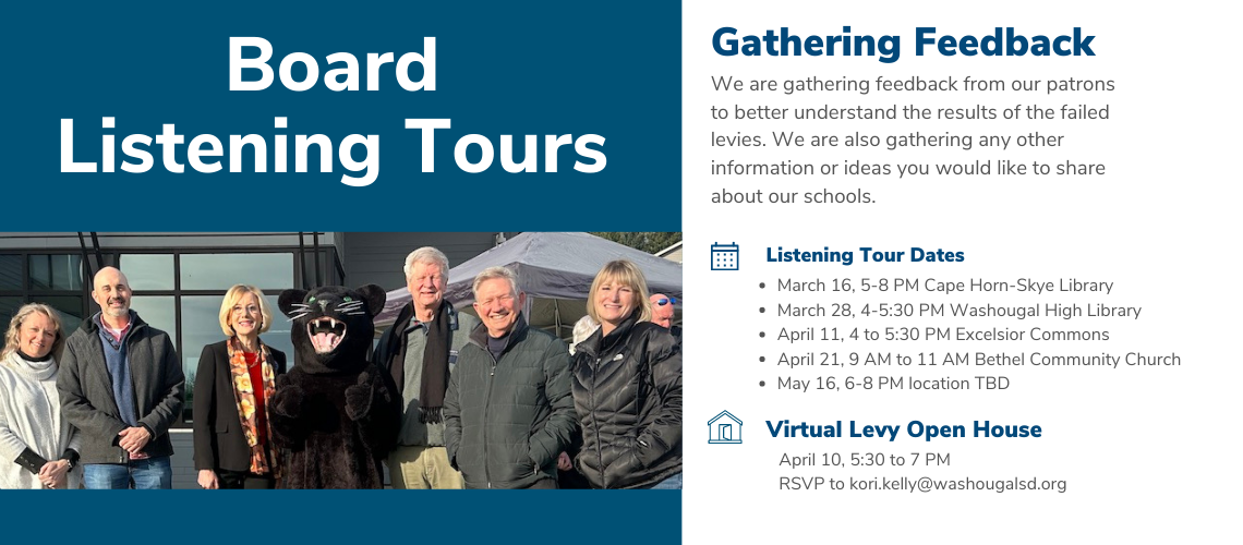 Photo of school board with listening tour information and dates