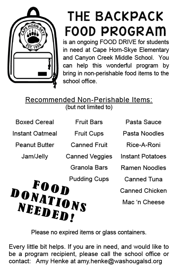 Our Backpack Food Program needs donations.