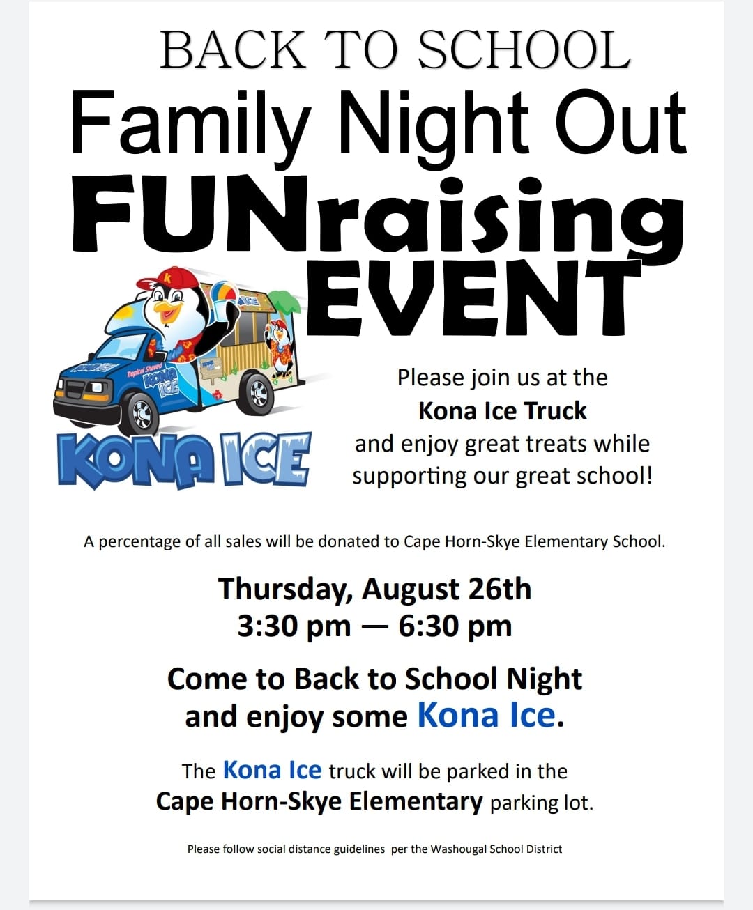 Aug 21 FUNraising Event. 3:30-6:30, Thursday, Aug 26 in the school parking lot.
