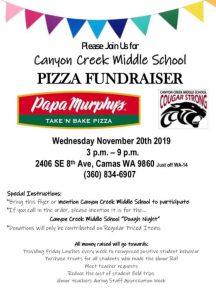 Pizza Fundraiser at Papa Murphy's Take & Bake. Camas location only. Wednesday, November 20th. 3 pm to 9 pm