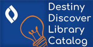 Destiny Discover Library Catalog with Follett software symbol and a lightbulb image on a blue background.