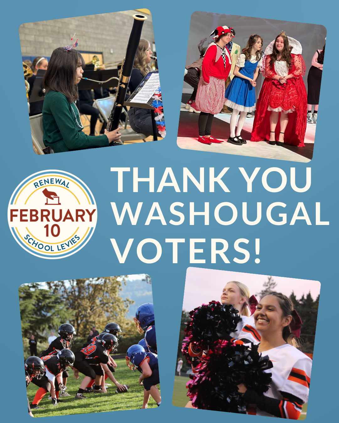 Cheerleader, football players, student actors, and musician with thank you voters for February 10 election