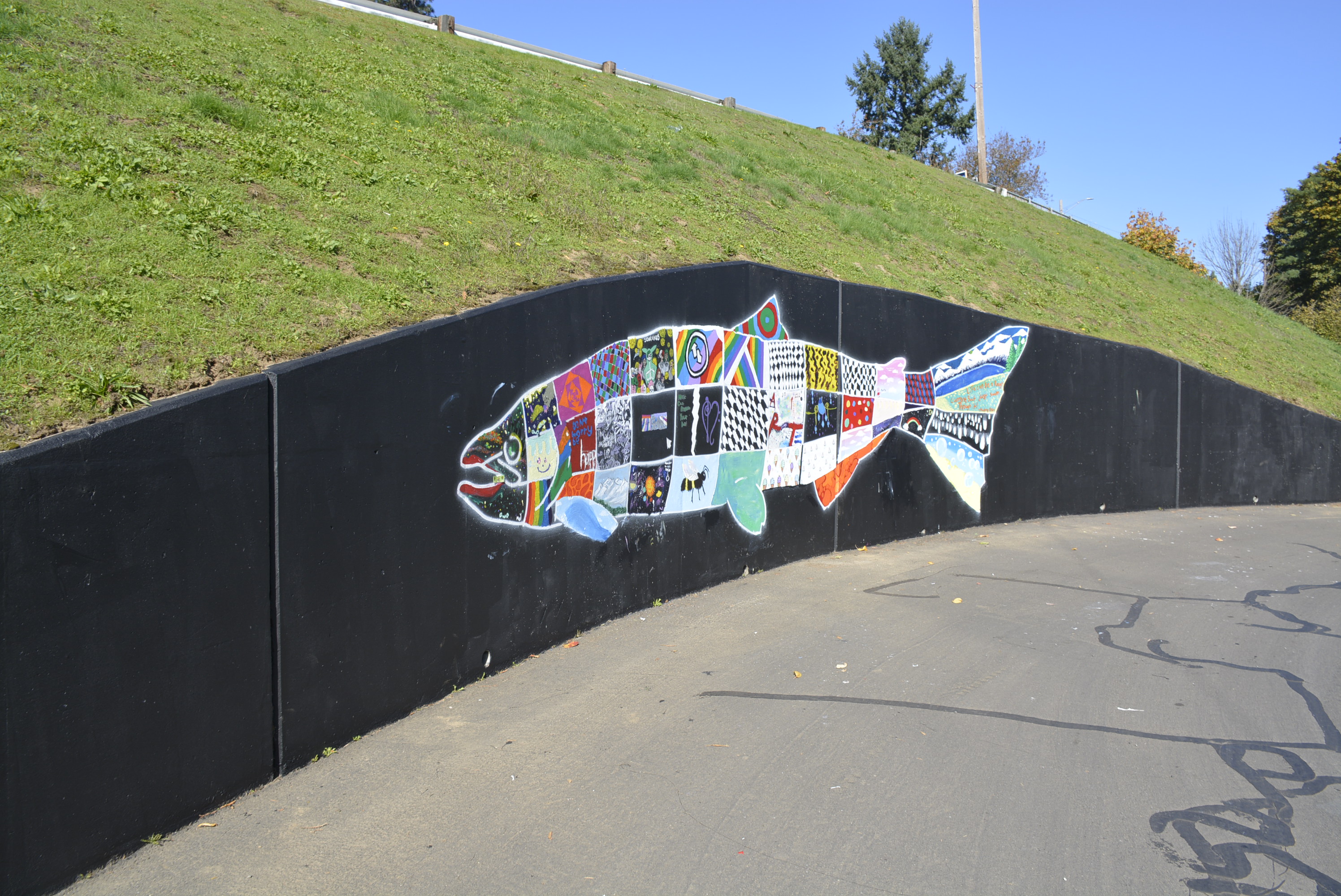 Mural of salmon made up of patches with individual artwork on black wall
