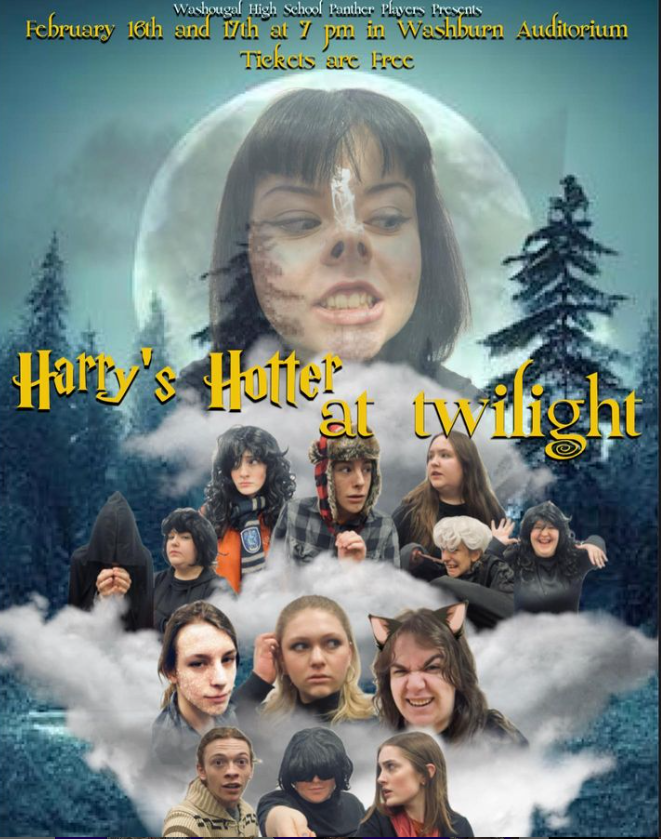 Harry's Hotter at Twlight poster with student as werewolf, magicians, and images of the moon, fog, and spooky trees