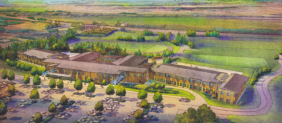 Artists rendering of the completed Columbia River Gorge Elementary and Jemtegaard Middle School as viewed from the North.
