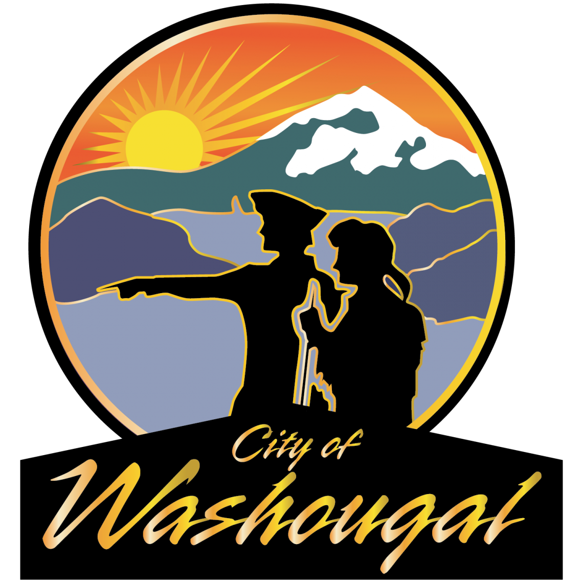 City of Washougal logo with Lewis & Clark silhouette in front of columbia gorge and Mt. hood