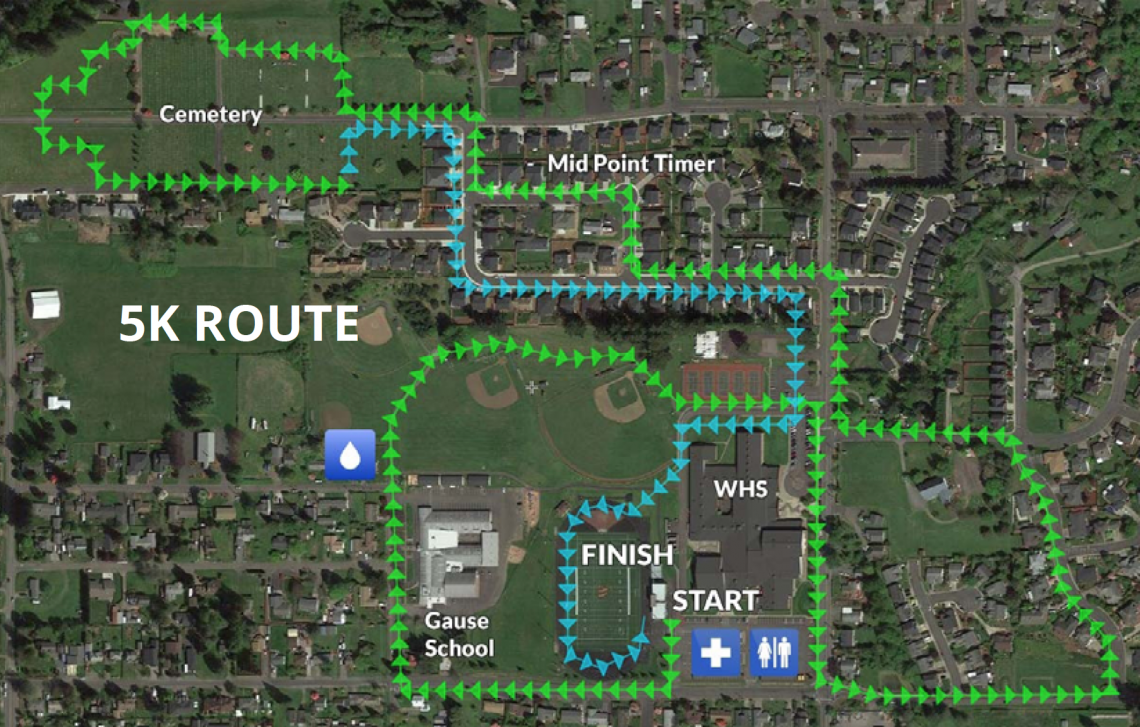 Route for 5K race/walk showing water, first aid, and restrooms along route, starting and ending at Washougal High