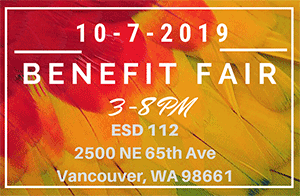 10-7-2019 Benefit Fair 3-8 PM ESD 112 2500 NE 65th Ave Vancouver WA on a colored feather background with a grey box.