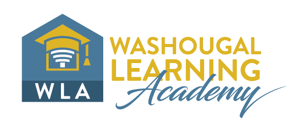 WLA Washougal Learning Academy with house shaped symbol with wifi arches under a grad cap