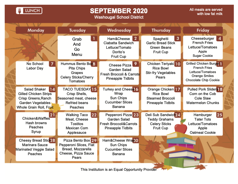 September lunch menu with month view of meal options, click for download of accessible version