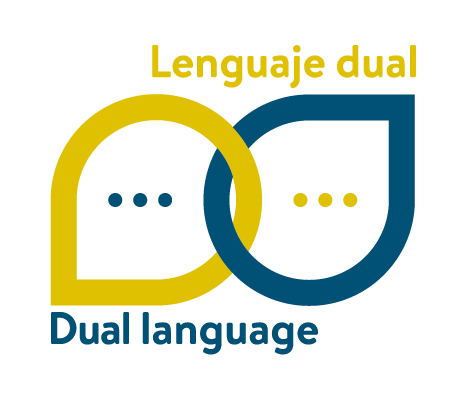 Dual language lenguaje dual logo with blue and yellow chat bubbles and three dots in each bubble