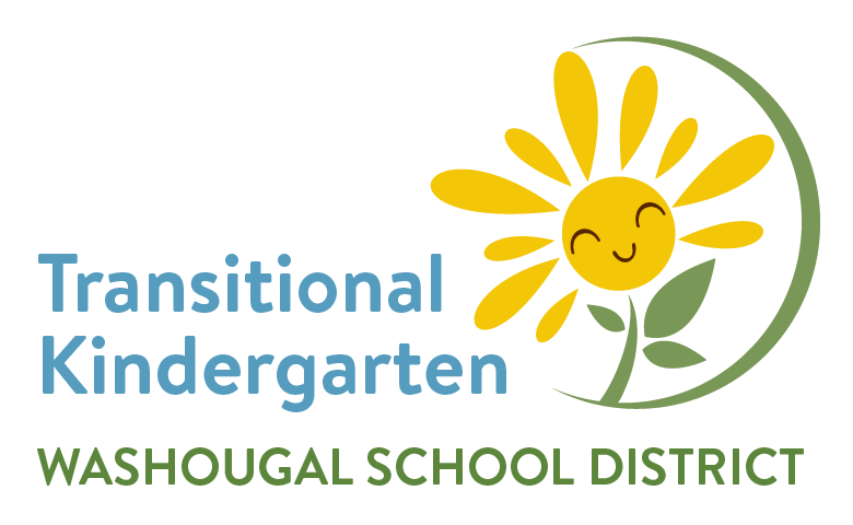 Yellow flower with smiley face and green half circle with blue words Transitional Kindergarten and Washougal School District