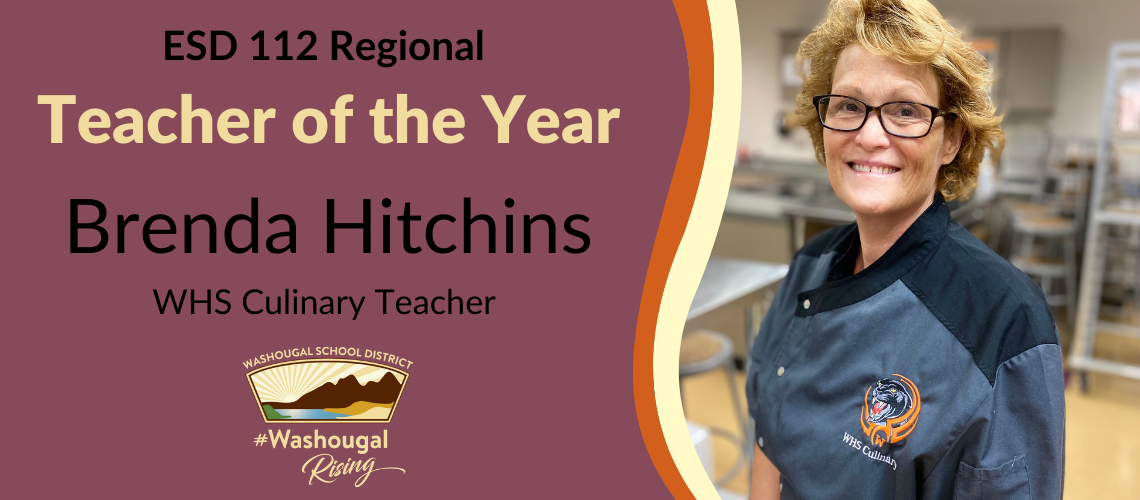 Brenda Hitchins ESD 112 Teacher of the Year WSD Logo with Brenda seated in a chair in her classroom