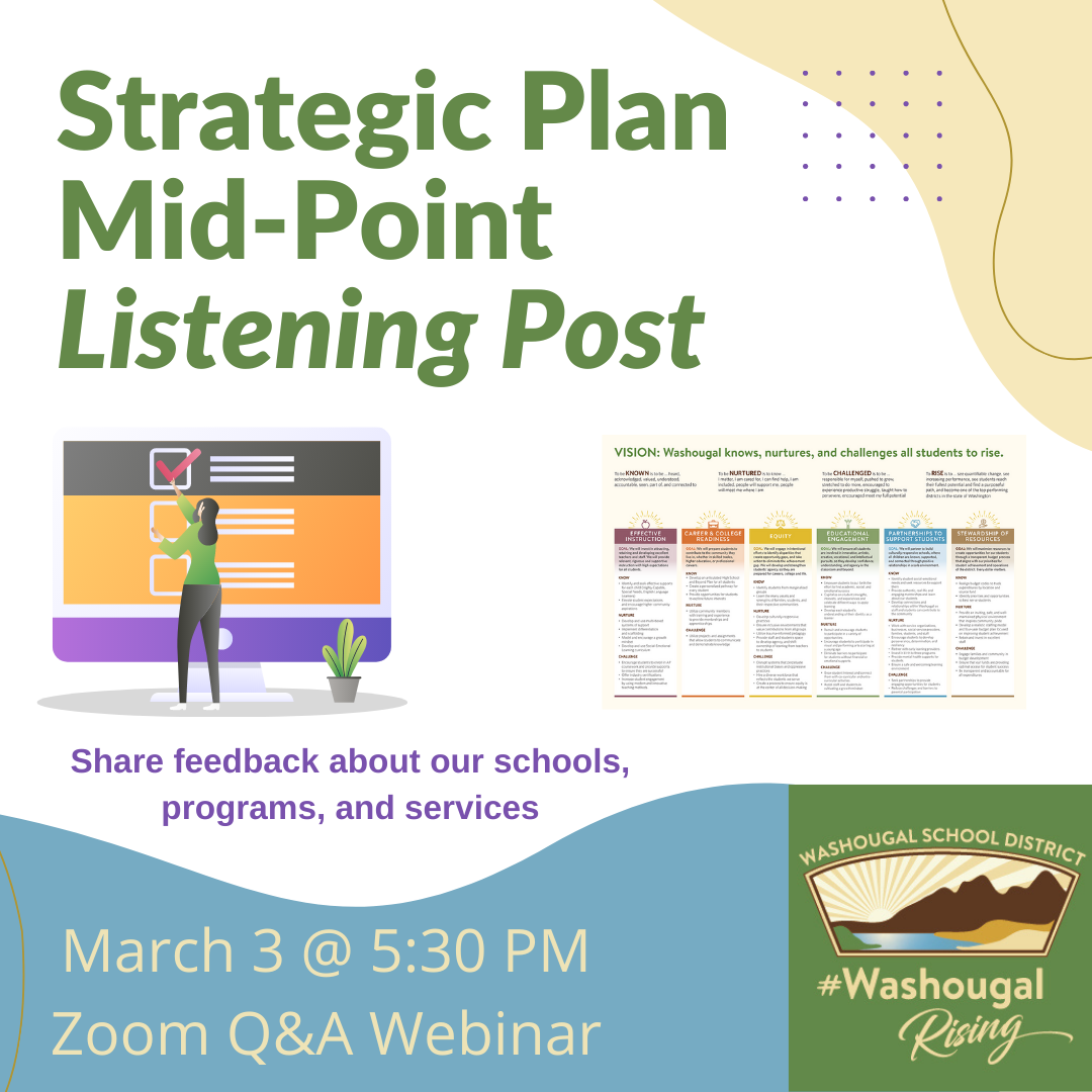 strategic plan mid-point listening post march 3 @ 5:30 PM, provide feedback on success and needs with district logo, checklist, and graphic representing strategic plan