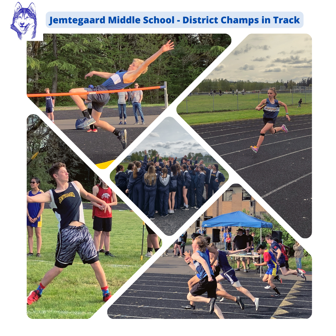 Student high jumping, student throwing javelin, student running, and group of students celebrating with JMS District Champs in track and JMS Logo