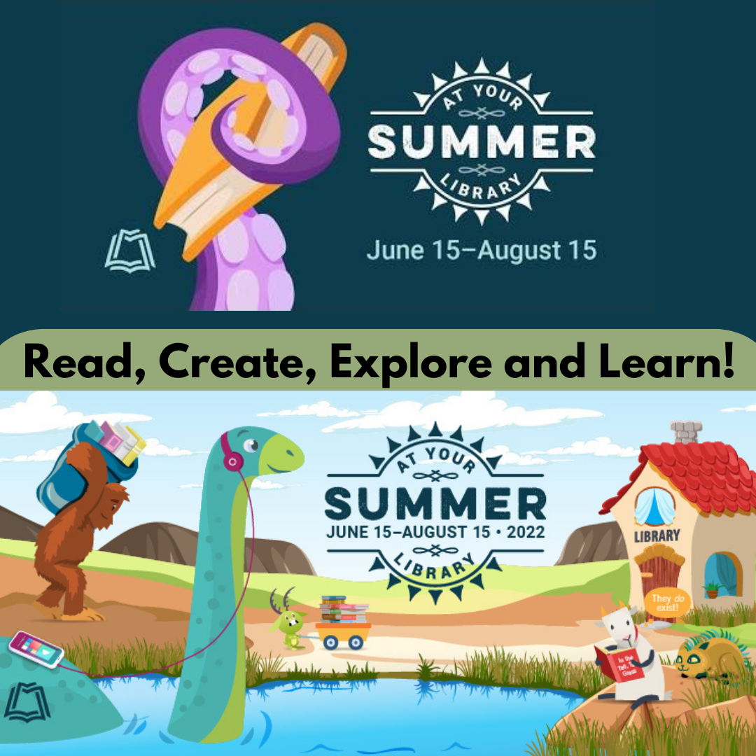 Read Create Explore Learn Summer at the library with story themed graphics of lake, house, nessie and FVRL logo