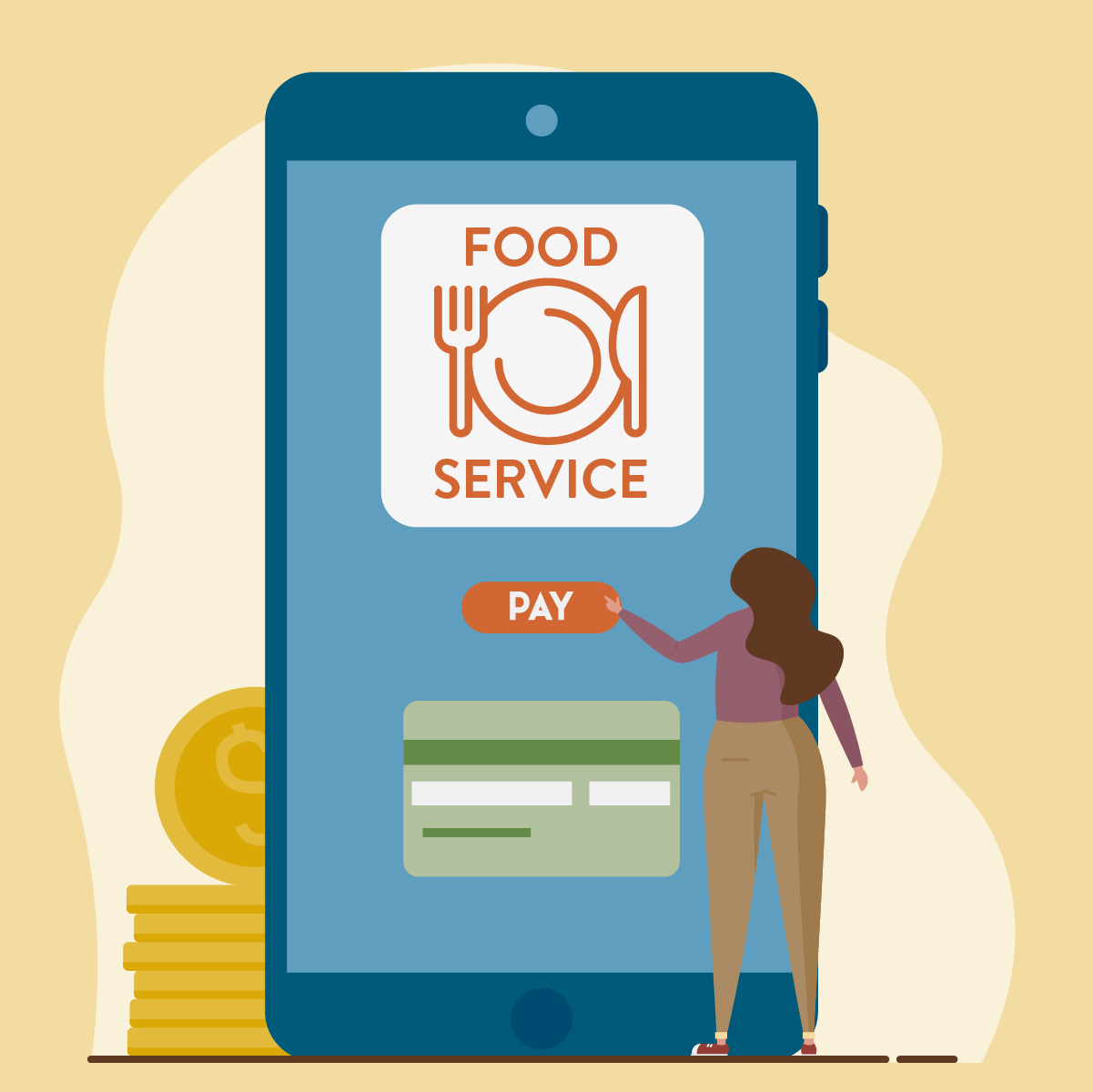 Food Service logo on cell phone with person pushing pay button and image of credit card