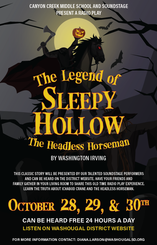 Radio play poster in black and yellow-orange states the production title, "The Legend of Sleepy Hollow, the headless horseman" with a man on a horse. The man has a pumpkin head.