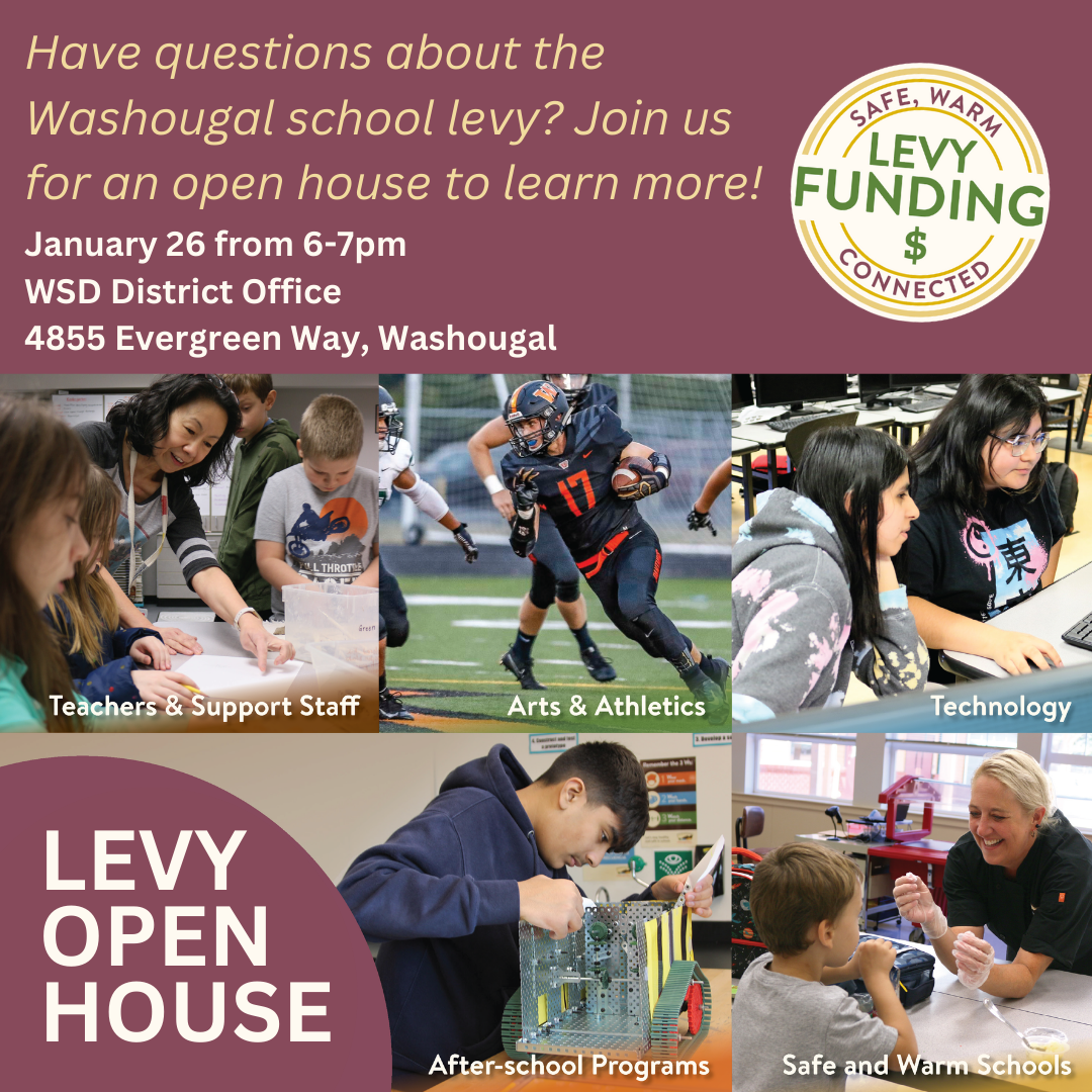 Levy fast facts with levy funding Safe warm connected graphic with teachers and students engaged in art, athletics, technology, and after school programs