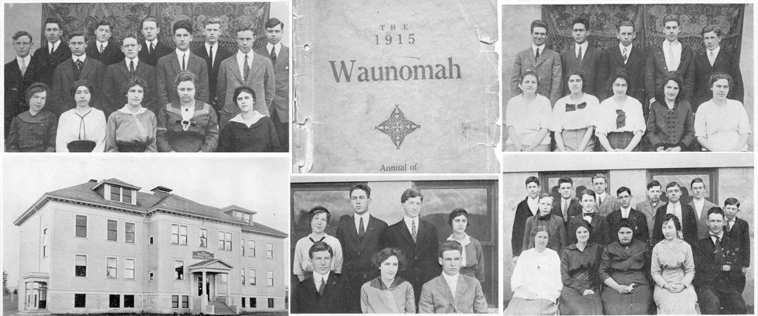 Photos of students from the 1915 Waunomah yearbook, and images of the early Washougal High School building