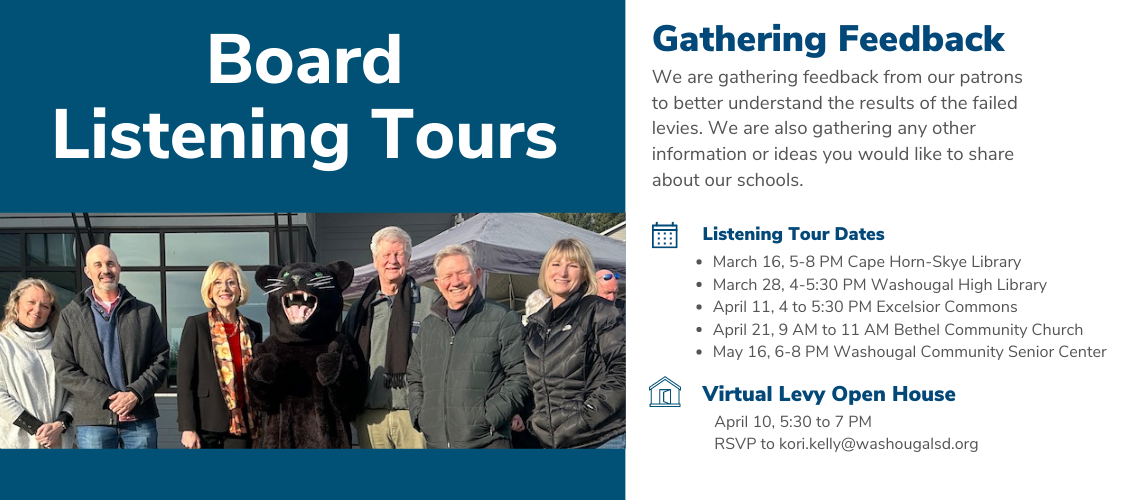 Photo of school board with listening tour information and dates