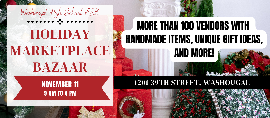 WHS holiday marketplace bazaar with photo of tree & poinsetta and event description