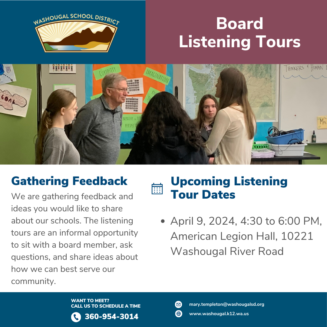 Board listening tour at the American Legion Hall April 9 from 4:30 to 6 PM, ask questions and share ideas with a board member.
