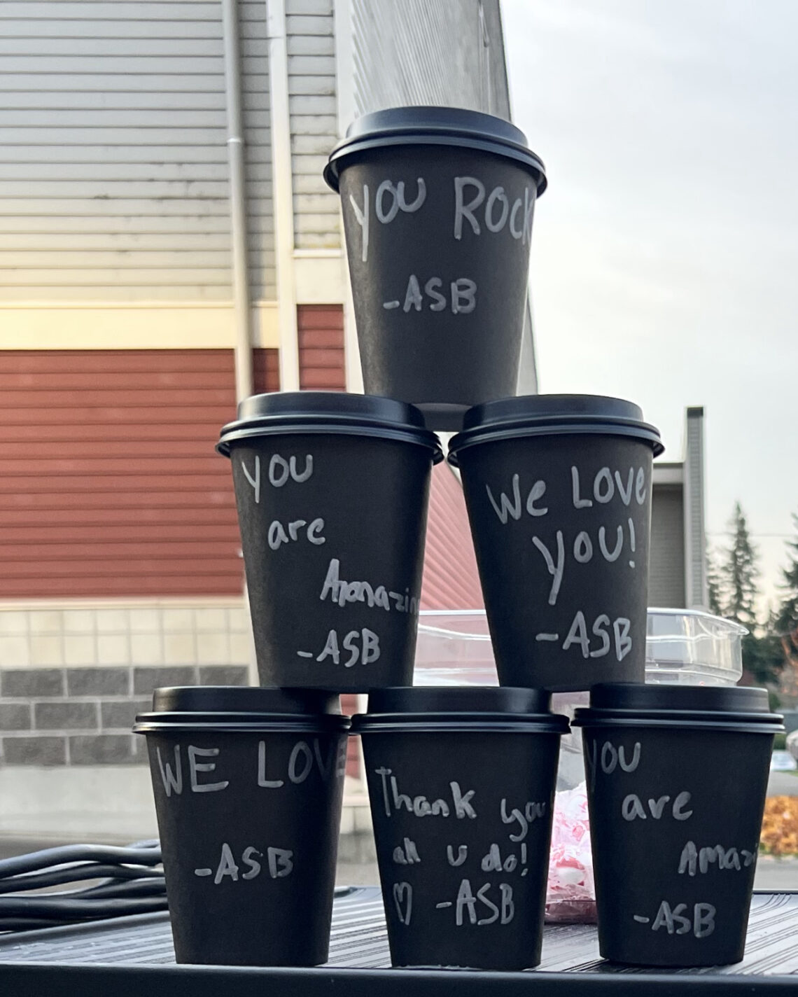 Messages on cups from WHS ASB to thank school bus drivers