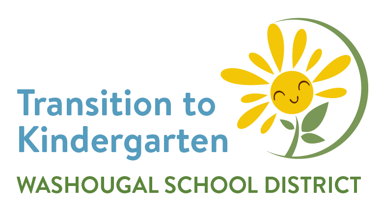 Yellow flower with smiley face and green half circle with blue words Transition to Kindergarten and Washougal School District