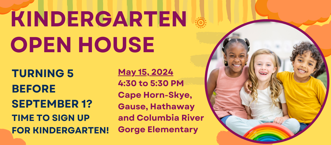 Picture of students with Kindergarten Open House on May 15 on colorful background