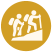 Stick figure of two hikers on an incline, with backpacks and hiking poles