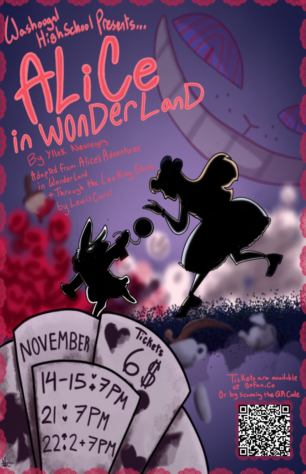 Silhouette of Alice and the white rabbit from Alice in Wonderland, with other story elements shown
