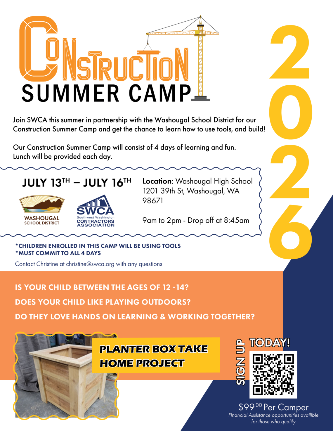Construction summer camp flier with picture of student created landscaping box. See text for details on how to register.